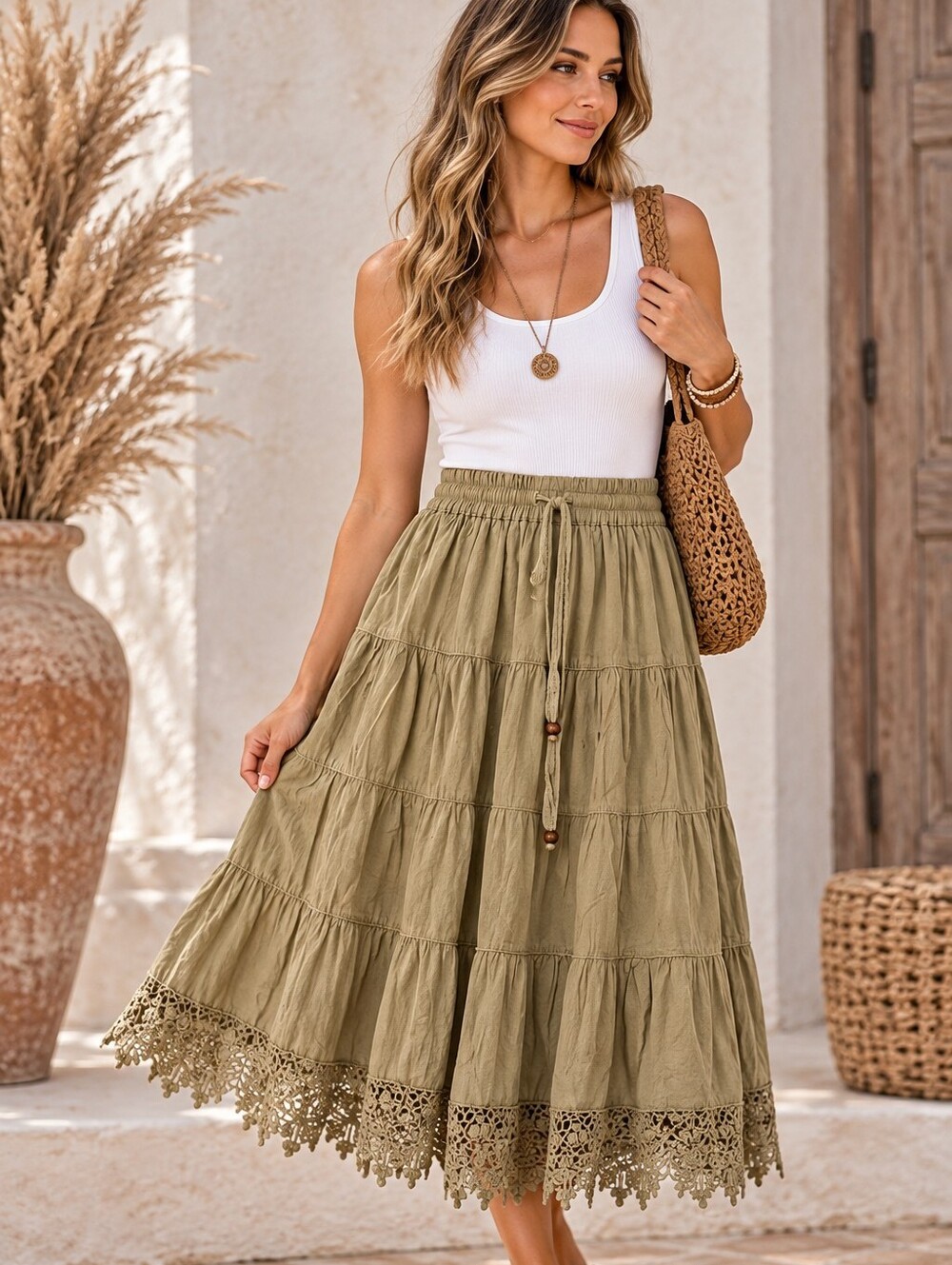 🌵614.Tiered Crochet-Hem Midi Skirt in Olive Green